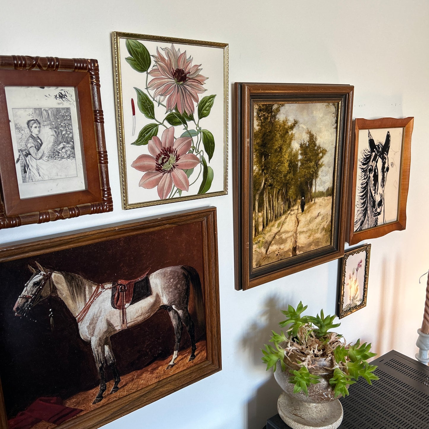 Gallery Wall # 1 - Framed vintage equestrian, botanical, landscape art