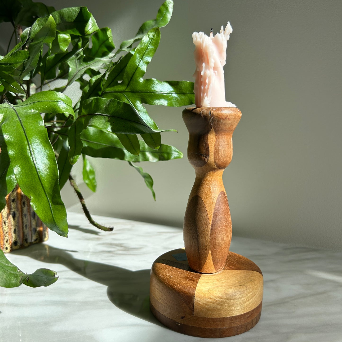 Vintage Two-Toned Turned Wood Candlestick Holder