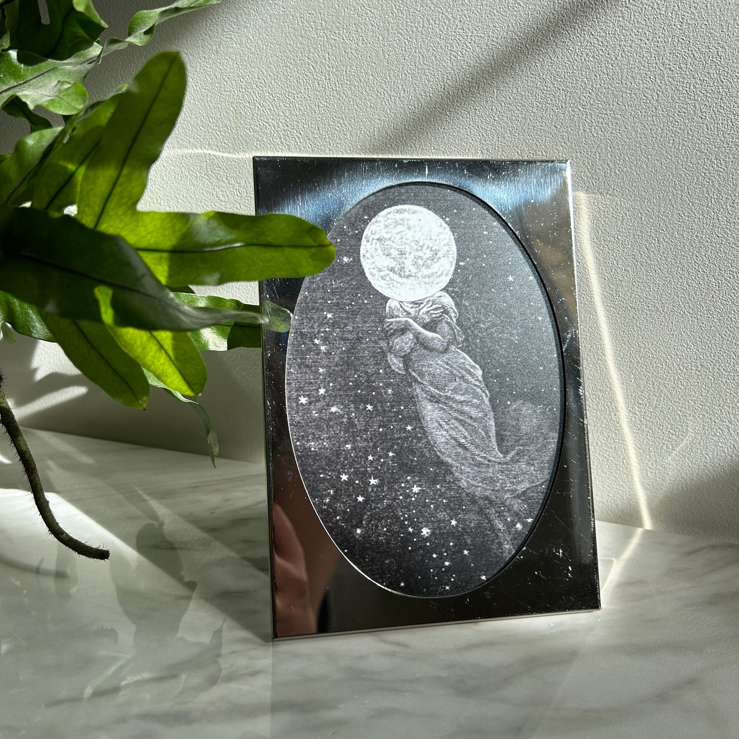 Vintage Moon Lady Print | Silver Oval Frame