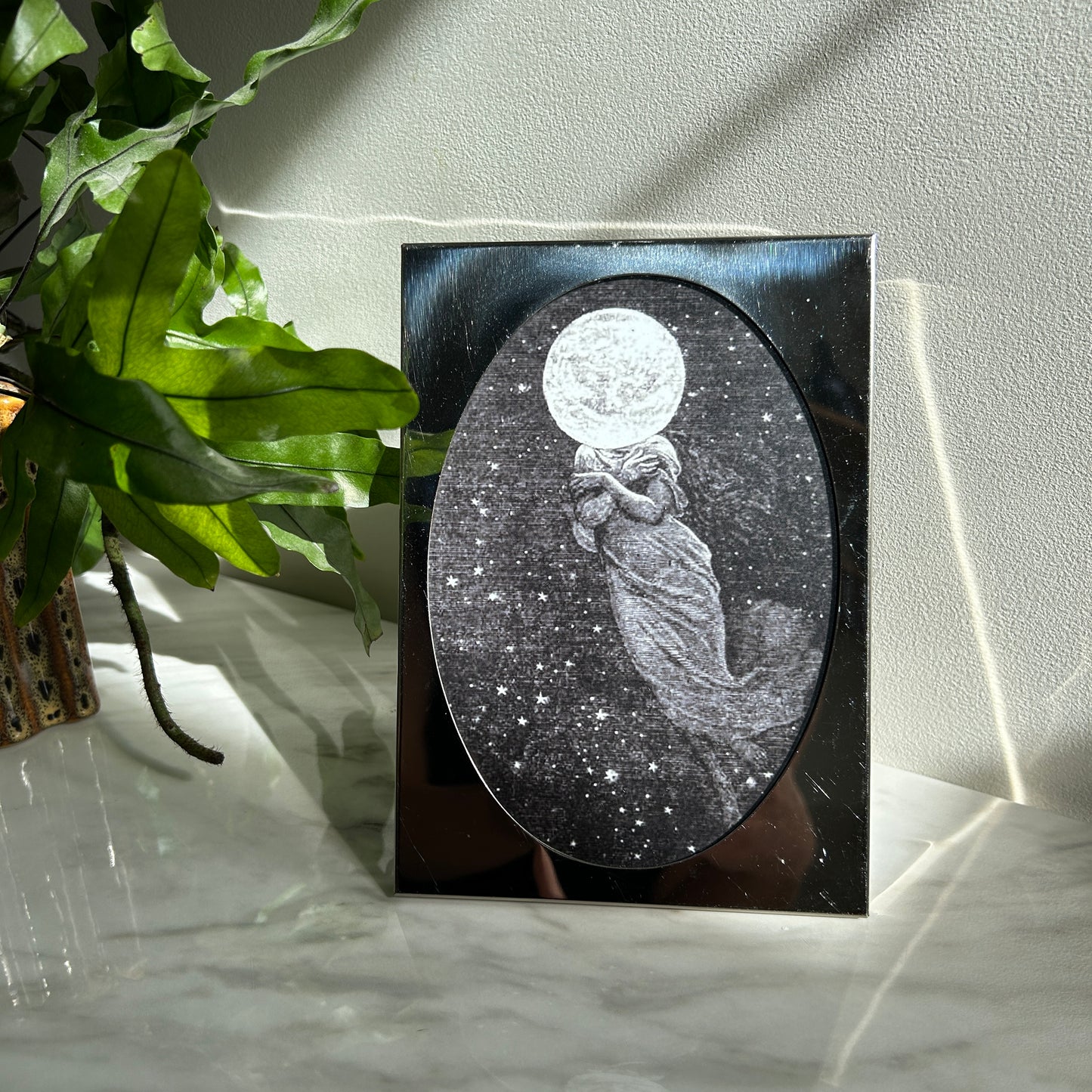 Vintage Moon Lady Print | Silver Oval Frame