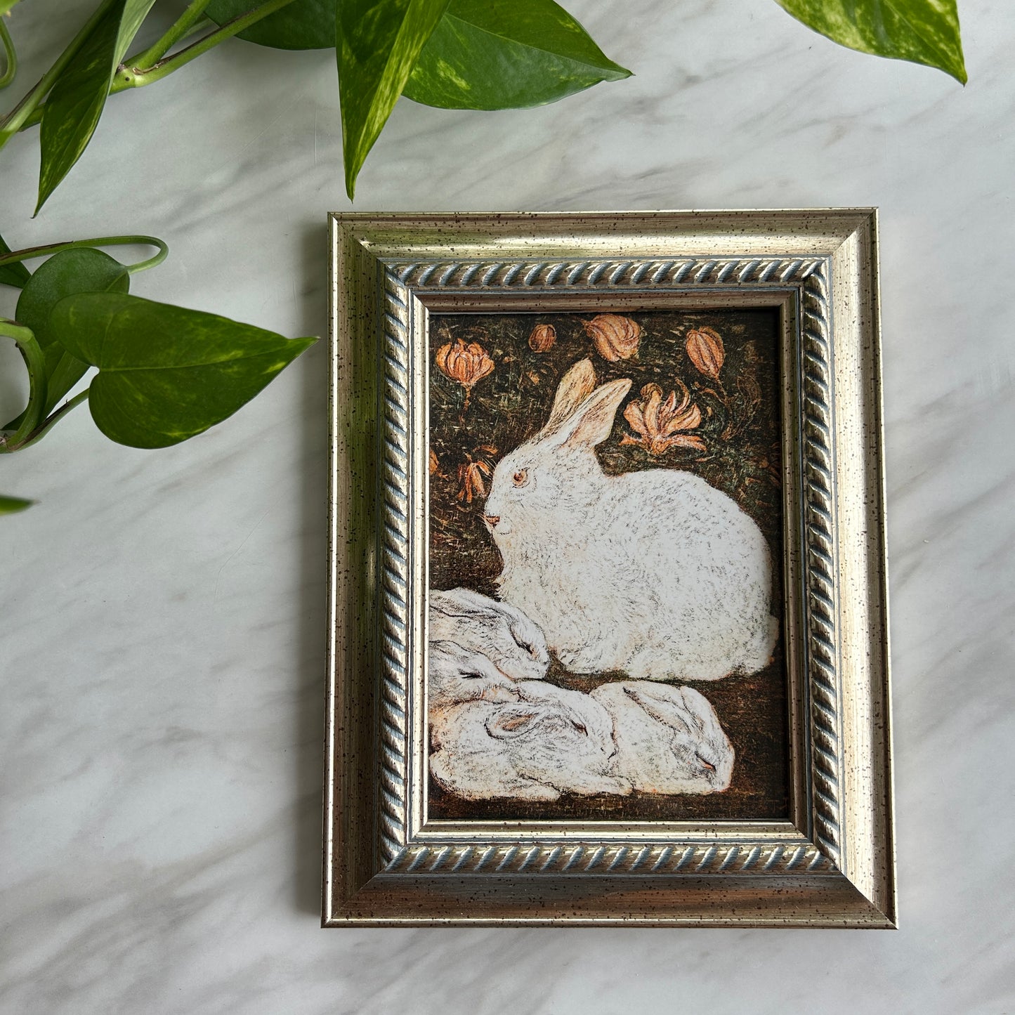 Vintage Rabbit Family Art Print | Golden Frame