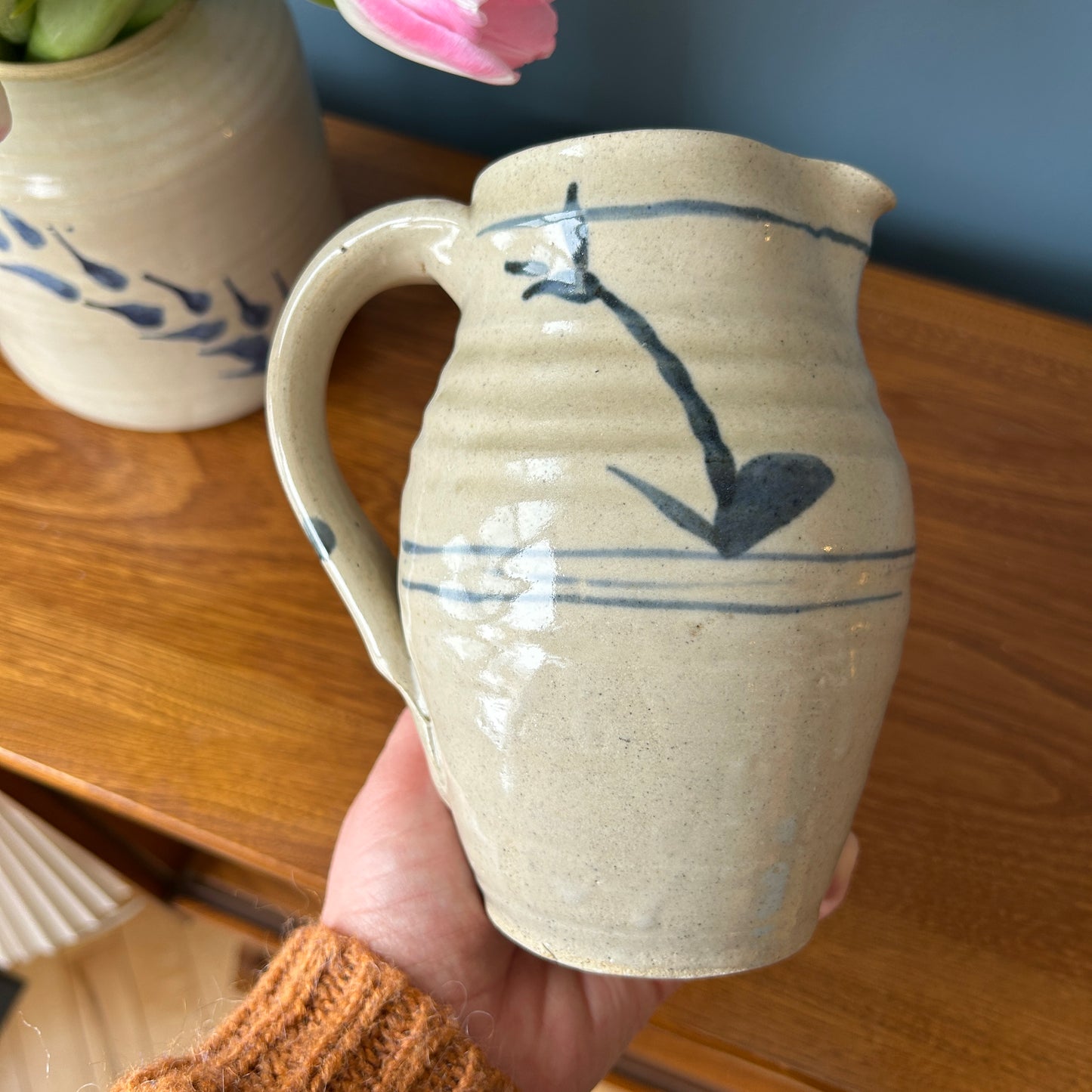 Vintage Studio Pottery Pitcher | Blue Accent